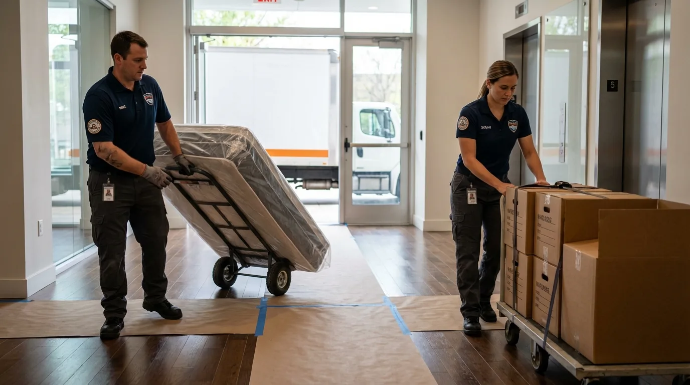 Professional apartment movers loading elevator in Graysville, AL