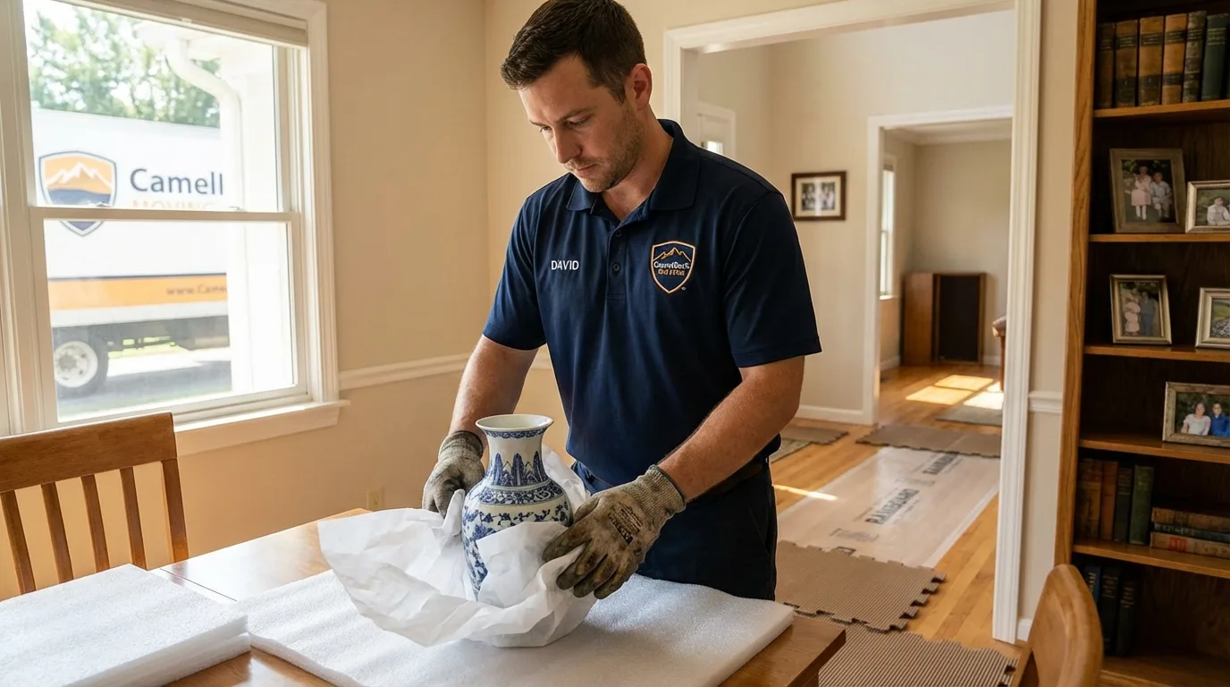 Professional crew carefully wrapping antique vase for senior downsizing move in Graysville, AL